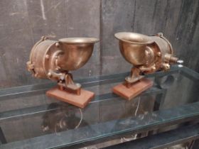 Pair of bronze ship horns converted to table lamps in working order{23 cm H x 27 cm W x 20 cm D}.