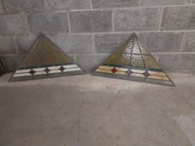 Pair of leaded and stained glass triangular panels {50 cm H x 89 cm W x 1 cm D}.