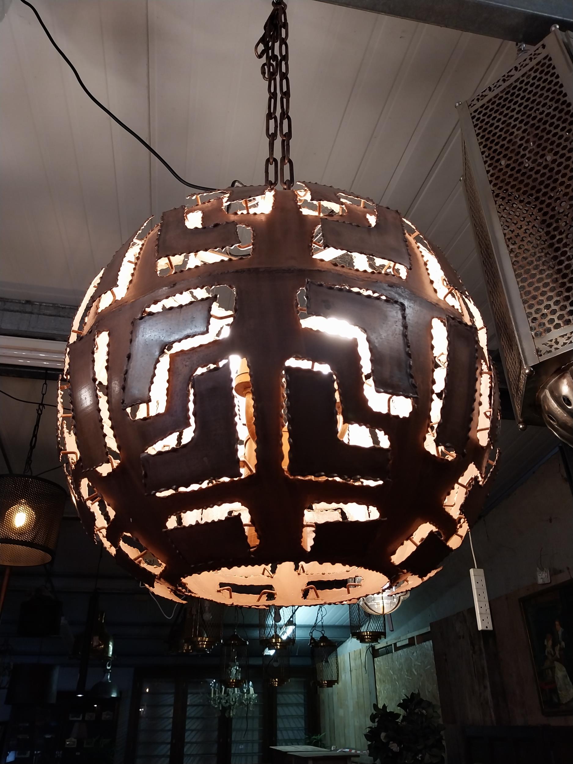 Unusual copper hanging lantern {60 cm H x 50 cm W x 50 cm D}.