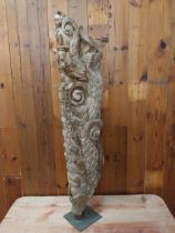19th C. decorative hardwood sculpture raised on metal stand {100 cm H x 23 cm W x 15 cm D}.