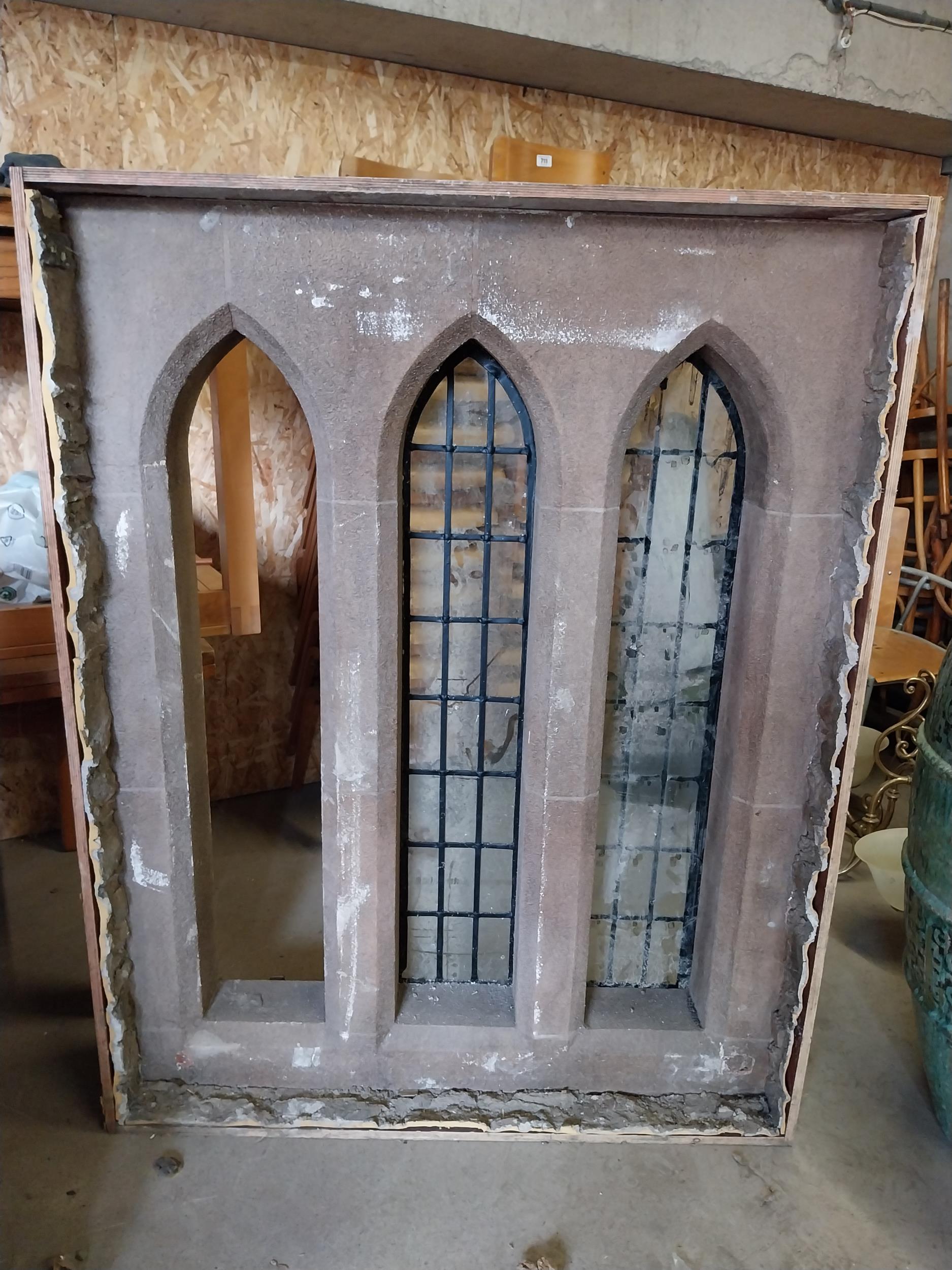 Film prop fibre glass window in the Gothic style with glass panels {156 cm H x 124 cm W x 26 cm D}.