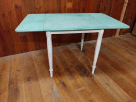 Early 20th C. painted pine double drop leaf kitchen table raised on turned legs {76 cm H x 134 cm