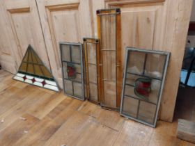 Five early 20th C. leaded stained glass panels {74 cm H x 15 cm W, 51 cm H x 25 cm W and 46 cm H x