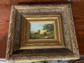 Ornate gilt framed oleograph - Sheep resting {38 cm H x 43 cm W}.