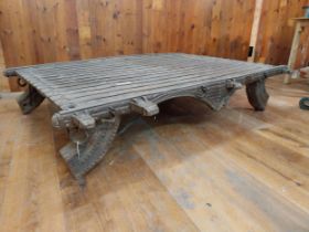 Rare 19th C. Oriental hardwood and wrought iron coffee table {33 cm H x 180 cm W x 144 cm D}.