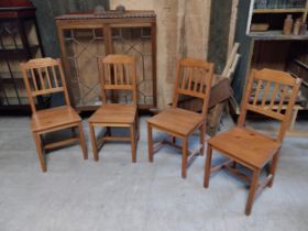 Set of four vintage stained pine Kitchen chairs raised on square legs {93 cm H x 42 cm W x46 cm D}.