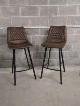 Pair of designer high bar - pub stools with cigar suede upholstered seat on metal bases {115 cm H