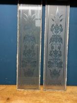 Pair of Edwardian etched glass panels {138cm H x 36cm W}