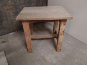 Pine bar - cafe - pub - restaurant table raised on square legs and single stretcher {77 cm H x 76 cm