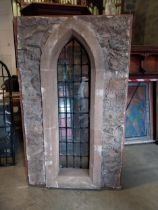 Film prop Gothic window with glass panel from Vikings TV series {152 cm H x 92 cm W x 14 cm D}.