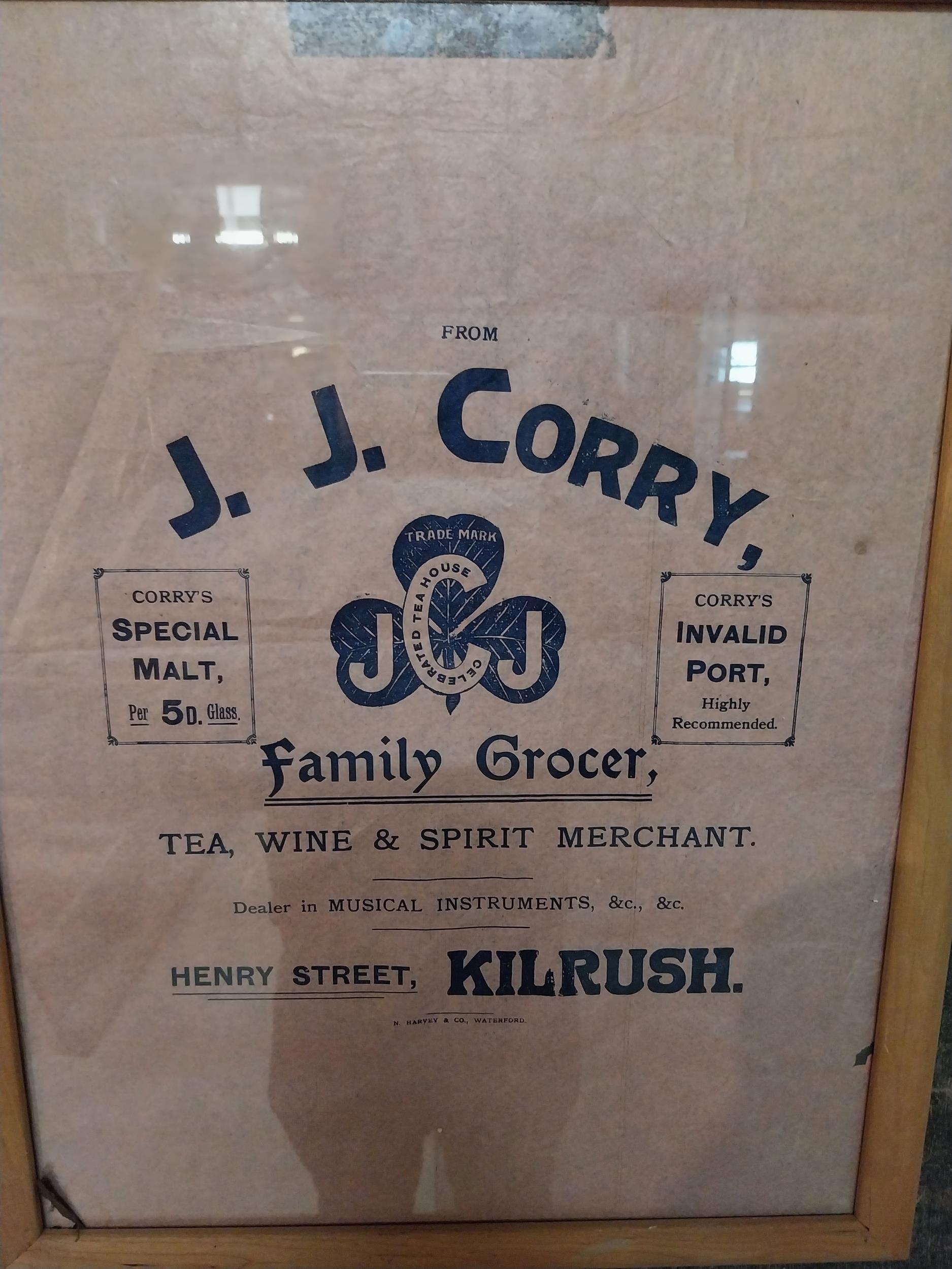 Original J.J. Corry Family Grocers advertisement mounted in pine frame {56 cm H x 44 cm W}. - Image 2 of 3