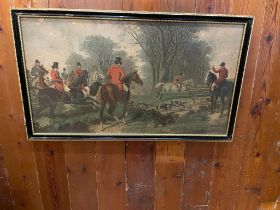 Hunting scene framed coloured print {45 cm H x 75 cm W}.
