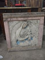 Early 19th C. painted pine panel depicting Our Lady and Child {85 cm H x 78 cm W x 12 cm D}.