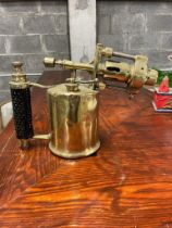 Brass and metal blow torch {22 cm H x 30 cm W x 12 cm D}.