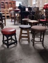 Three vintage wooden bar stools {Approx. 48 cm H x 38 cm W x38 cm D}.