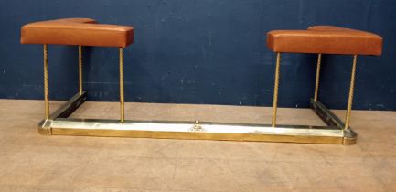 Brass club fender with upholstered leather seats {H 45cm x W 137cm x D 47cm inside W 121cm x D
