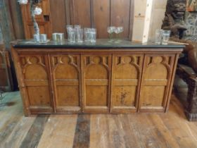 19th C. scumbled pine bar counted with marble top in the Gothic style {104 cm H x 210 cm W x 50 cm