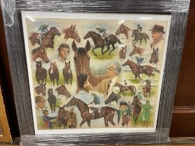 Framed black and white print - Lester Piggott and Horses {76 cm H x 78 cm W}.