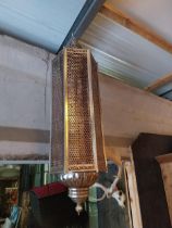 Moroccan polished metal hanging lantern {137 cm H x 40 cm W x 40 cm D}.