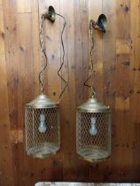 Pair of good quality brass hanging lanterns {Drop 90 cm H x 26 cm W x 26 cm D}.