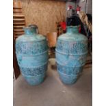 Pair of decorative glazed terracotta urns of large proportions {120 cm H x 52 cm W x 52 cm D}.