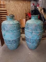 Pair of decorative glazed terracotta urns of large proportions {120 cm H x 52 cm W x 52 cm D}.