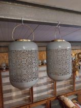 Pair of good quality decorative enamel hanging lanterns {53 cm H x 26 cm W x 26 cm D}.