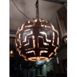 Unusual copper hanging lantern {60 cm H x 50 cm W x 50 cm D}.