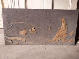 Vintage wall plaque depicting Fisherman {61 cm H x 123 cm W x 2 cm D}.