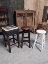 19th C. painted pine bar stool and two stained pine bar stools {Approx. 80 cm H x 35 cm W x35 cm