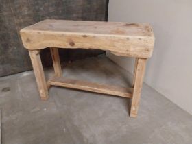 Pine bar - cafe - pub - restaurant table raised on square legs and single stretcher {77 cm H x 102