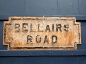 Bellairs road cast iron street sign {H 33cm x W 77cm x D 2cm }.