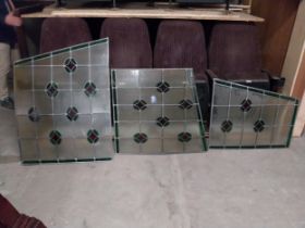 Three early 20th C. leaded stained glass panels {Approx. 80 cm H x 91 cm W}.