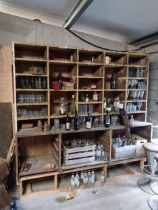 19th C. painted pine bar back including contents of various bottles and glasses {242 cm H x 248 cm W