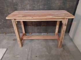 Pine bar - cafe - pub - restaurant table raised on square legs and single stretcher {75 cm H x 117