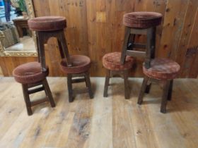 Set of six mahogany and upholstered pub stools {48 cm H x 35 cm W x 35 cm D}.