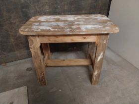 Pine bar - cafe - pub - restaurant table raised on square legs and single stretcher {71 cm H x 91 cm