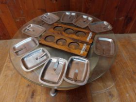 Collection of silverplate tip trays and Smithwick advertising bottle holder.