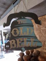 Vintage painted pine The Old Bell advertising sign {68 cm H x 62 cm W}.