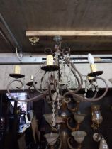 Painted metal and cut glass six branch chandelier {60 cm H x 70 cm W x70 cm D}.