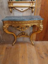 Gilt consul table with marble top - marble with damage raised on decorative cabriole legs {80 cm H x