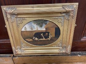 Gilt framed oleograph - Pig at Trough {55 cm H x 65 cm W}.