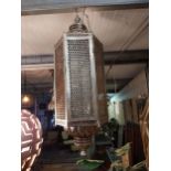 Moroccan polished metal hanging lantern {110 cm H x 38 cm W x 38 cm D}.