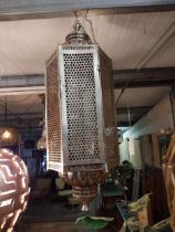 Moroccan polished metal hanging lantern {110 cm H x 38 cm W x 38 cm D}.
