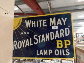White May and Royal Standard BP Lamp Oils double sided enamel advertising sign. {30 cm H x 43 cm