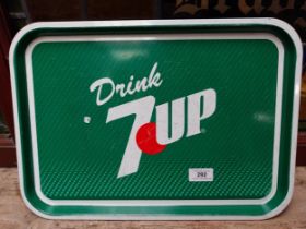 7 UP tin plate tray {30 cm H x 42 cm W} and Watney's Beer tin plate tray {32 cm Dia.}.