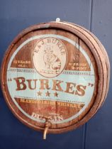 Burkes Blended Irish Whiskey painted barrel end with brass tap {H 56cm x W 58cm x D 17cm }.