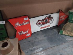 Indian Motor Cycles Sold Here tin plate sign. {23 cm H x 70 cm W}.