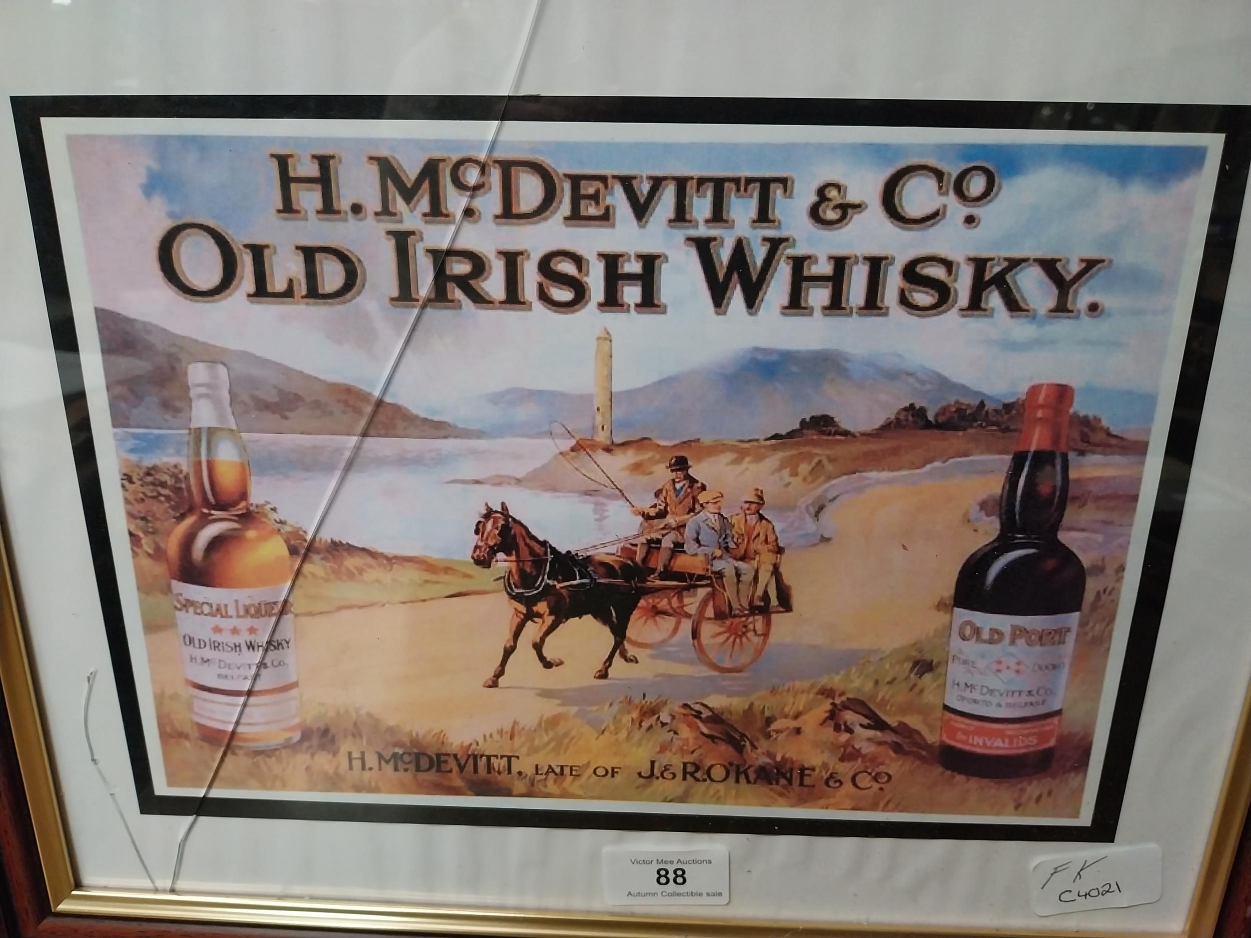 McDevitt and Co Old Irish Whiskey framed advertising print. {32 cm H x 40 cm W}. - Image 7 of 7