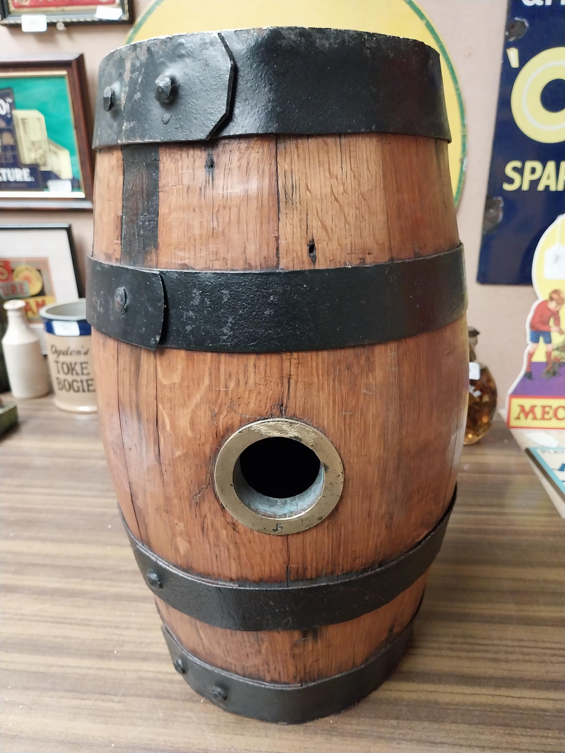 Unusual early 20th C. metal bound whiskey barrel. {42 cm H x 26 cm W x 36 cm D}. - Image 3 of 6